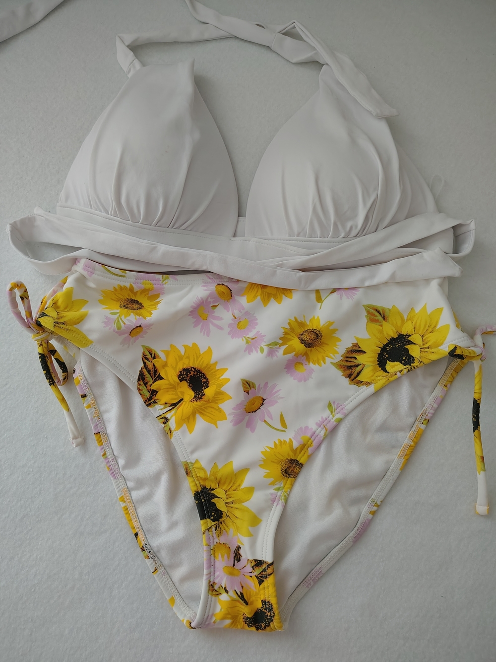 Women's White Bikini Set with Yellow Sunflower Print